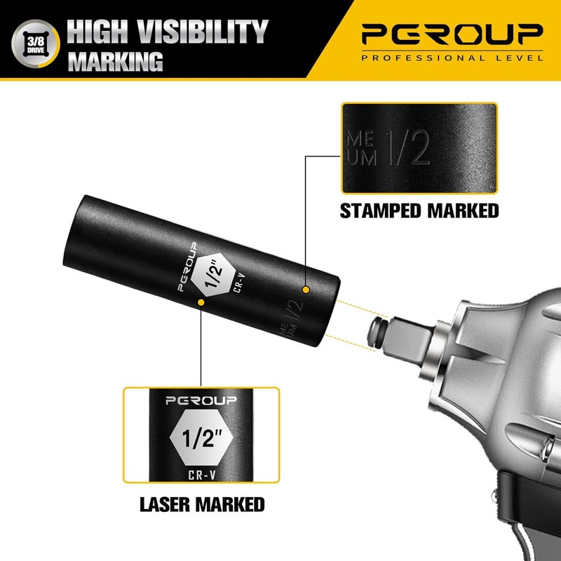 pgroup 3/8” Drive Deep Impact Socket, SAE(1/2 Inch socket), 6-Point, Cr-V Steel With Black Manganese Phosphate Coating - Image 5